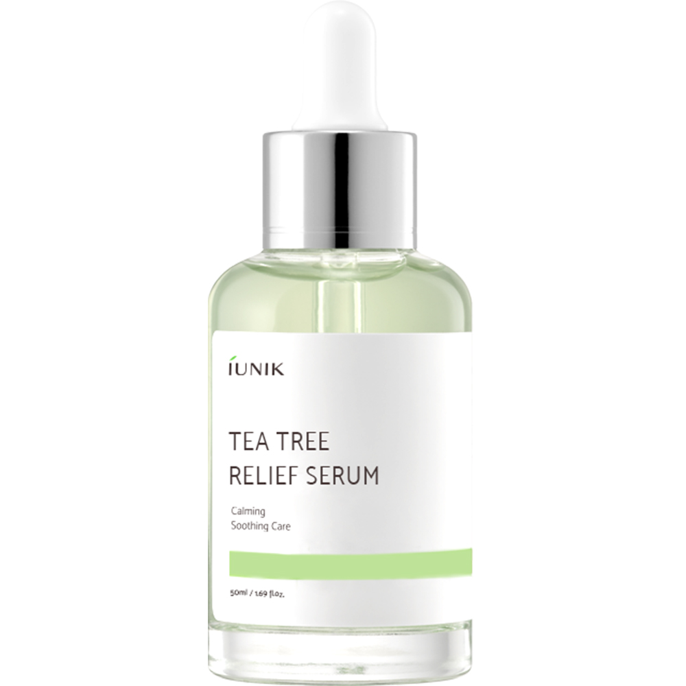 IUNIK Tea Tree Relief Serum - ser de fata formulat cu extract de apa din frunze de arbore de ceai si extract de Centella Asiatica, care contribuie la calmarea pielii sensibile si la mentinerea unui ton clar si curat al pielii - 50 ml