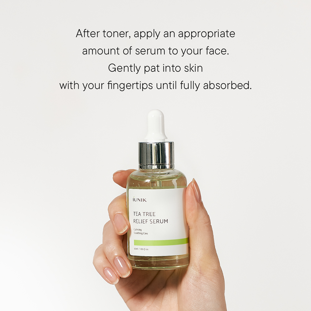 IUNIK Tea Tree Relief Serum - ser de fata formulat cu extract de apa din frunze de arbore de ceai si extract de Centella Asiatica, care contribuie la calmarea pielii sensibile si la mentinerea unui ton clar si curat al pielii - 50 ml