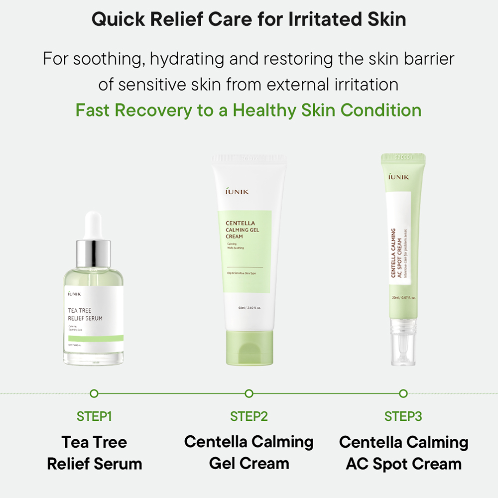 IUNIK Tea Tree Relief Serum - ser de fata formulat cu extract de apa din frunze de arbore de ceai si extract de Centella Asiatica, care contribuie la calmarea pielii sensibile si la mentinerea unui ton clar si curat al pielii - 50 ml