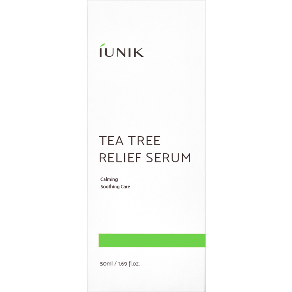 IUNIK Tea Tree Relief Serum - ser de fata formulat cu extract de apa din frunze de arbore de ceai si extract de Centella Asiatica, care contribuie la calmarea pielii sensibile si la mentinerea unui ton clar si curat al pielii - 50 ml