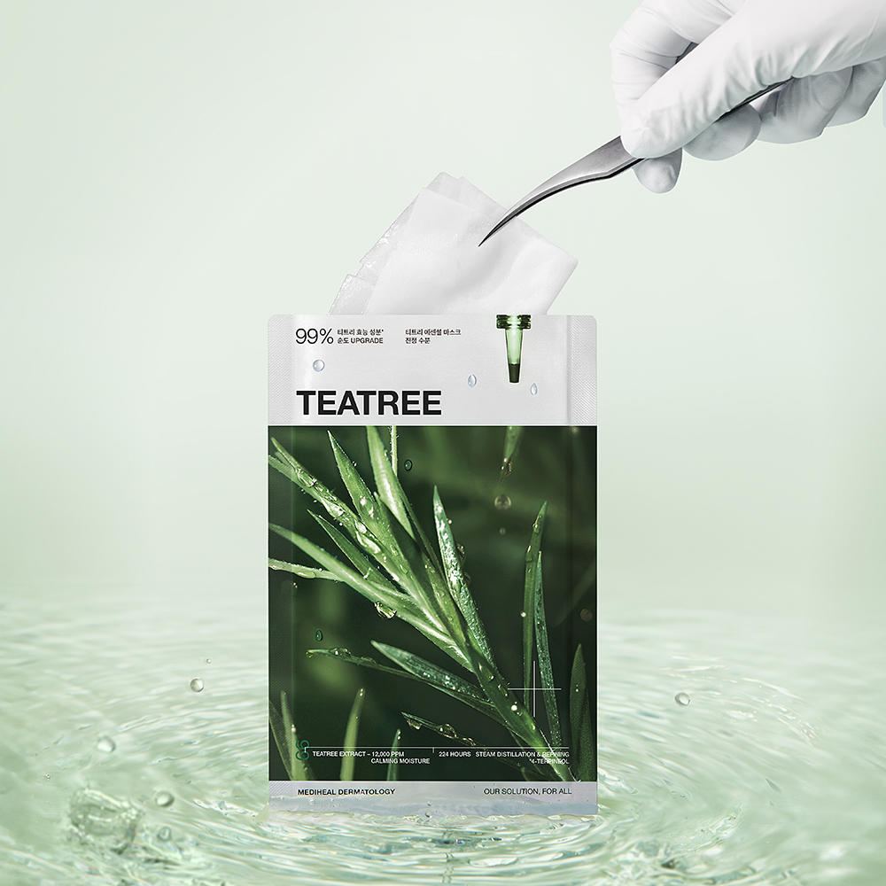 MEDIHEAL Teatree Essential Sheet Mask Calming Moisture - masca de fata tip servetel imbibata cu esenta formulata cu arbore de ceai si 4-terpineol, care contribuie la calmarea pielii si la metinerea hidratarii - 24 ml