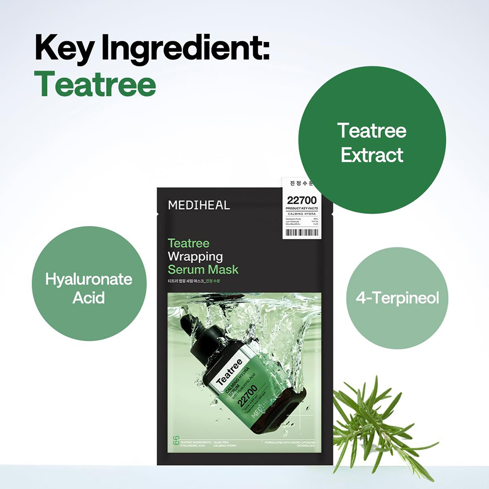 MEDIHEAL Teatree Wrapping Serum Mask Calming Hydra, 25 ml - Masca de fata formulata cu arbore de ceai si acid hialuronic, care contribuie la calmarea pielii si la metinerea hidratarii
