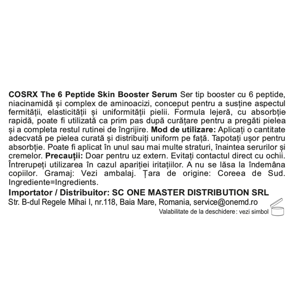 COSRX The 6 Peptide Skin Booster Serum 150 ml - ser de fata formulat cu niacinamida si acid hialuronic, care contribuie la uniformizarea nuantei pielii si la mentinerea nivelului de hidratare cutanata