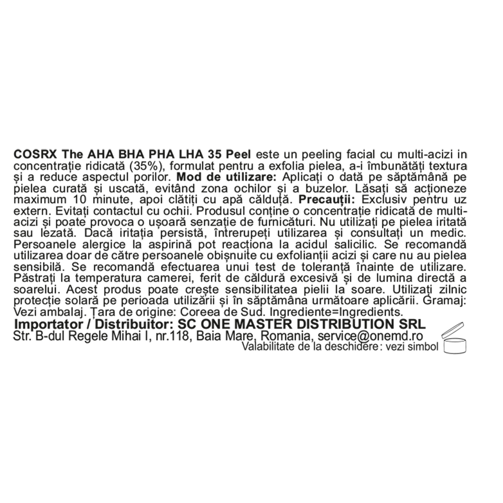 COSRX The AHA BHA PHA LHA 35 Peel, 30 ml - exfoliant formulat cu AHA si BHA, care contribuie la indepartarea celulelor moarte si la curatarea porilor incarcati