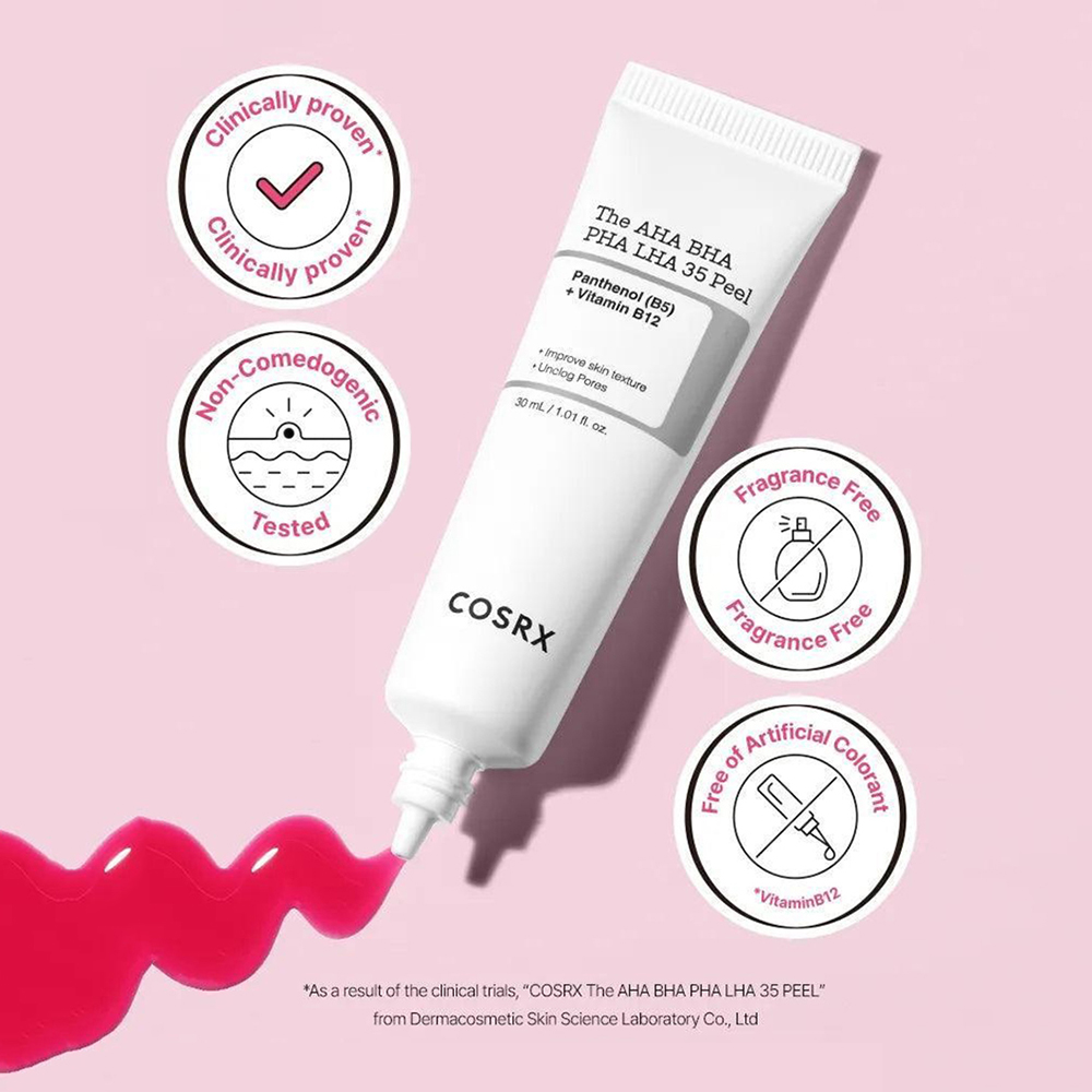COSRX The AHA BHA PHA LHA 35 Peel, 30 ml - exfoliant formulat cu AHA si BHA, care contribuie la indepartarea celulelor moarte si la curatarea porilor incarcati