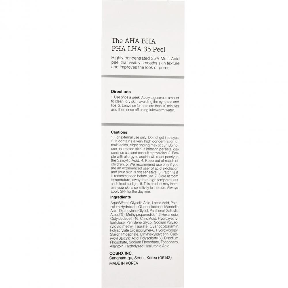 COSRX The AHA BHA PHA LHA 35 Peel, 30 ml - exfoliant formulat cu AHA si BHA, care contribuie la indepartarea celulelor moarte si la curatarea porilor incarcati