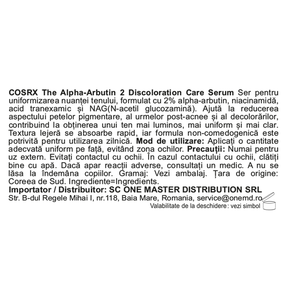 COSRX The Alpha-Arbutin 2 Discoloration Care, 50 ml - ser de fata formulat cu alpha-arbutin si niacinamida, care contribuie la uniformizarii nuantei pielii si la reducerea aspectului petelor post-acnee si al hiperpigmentarii