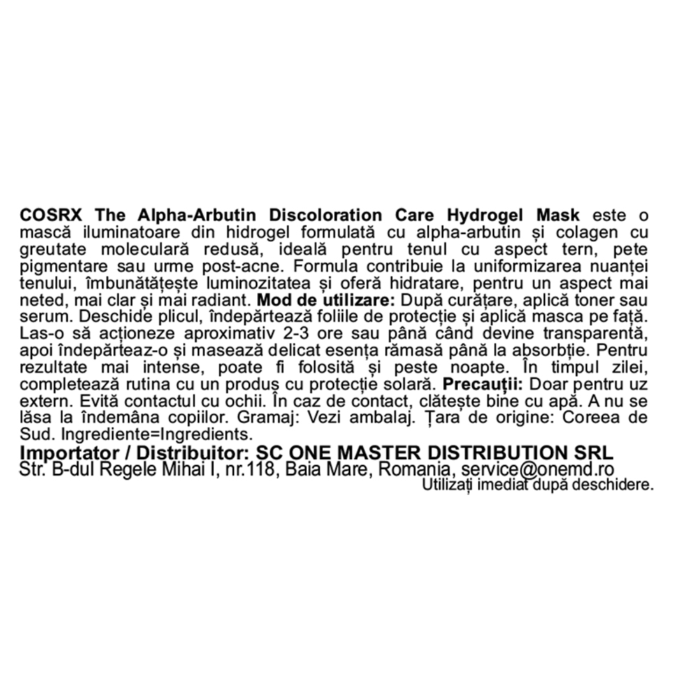COSRX The Alpha-Arbutin Discoloration Care Hydrogel Mask 34 gr - masca de fata formulata cu alpha-arbutin si niacinamida, care contribuie la diminuarea aspectului petelor pigmentare si la uniformizarea vizibila a nuantei tenului
