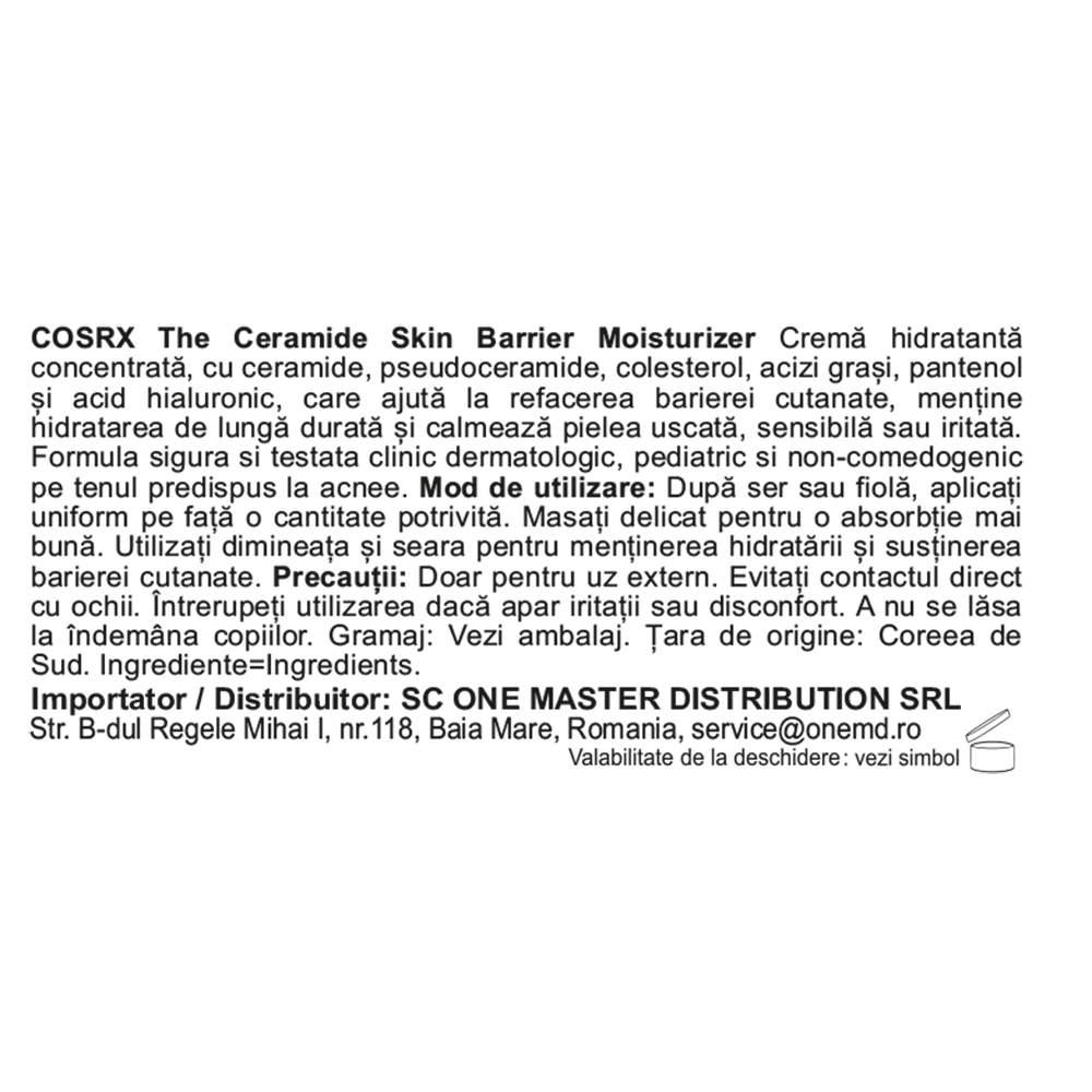 COSRX The Ceramide Skin Barrier Moisturizer, 80 ml - crema de fata formulata cu ceramide si pantenol, care contribuie la hidratarea pielii si la mentinerea barierei de protectie a pielii degradate, sensibile sau predispuse la iritatii