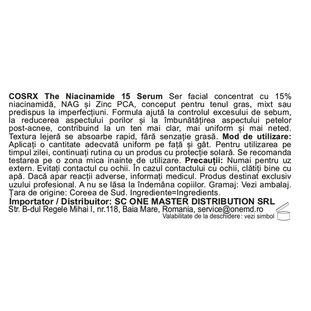 COSRX The Niacinamide 15 Serum, 20 ml - ser de fata formulat cu niacinamida si Zinc PCA, care contribuie la reglarea excesului de sebum si la diminuarea aspectului porilor dilatati