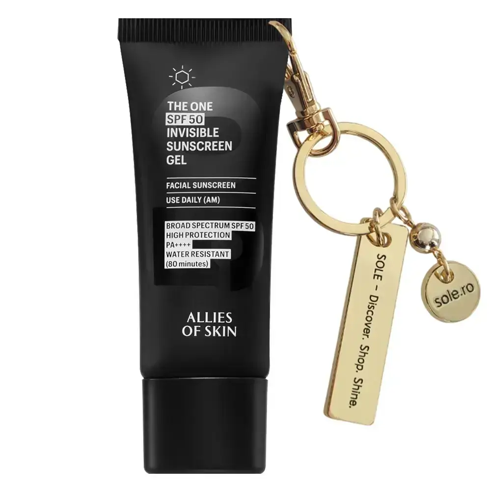 SPF TO GO - breloc auriu premium + Allies of Skin The One SPF 50 Invisible Sunscreen Gel Deluxe mini (20 ml) - editie limitata