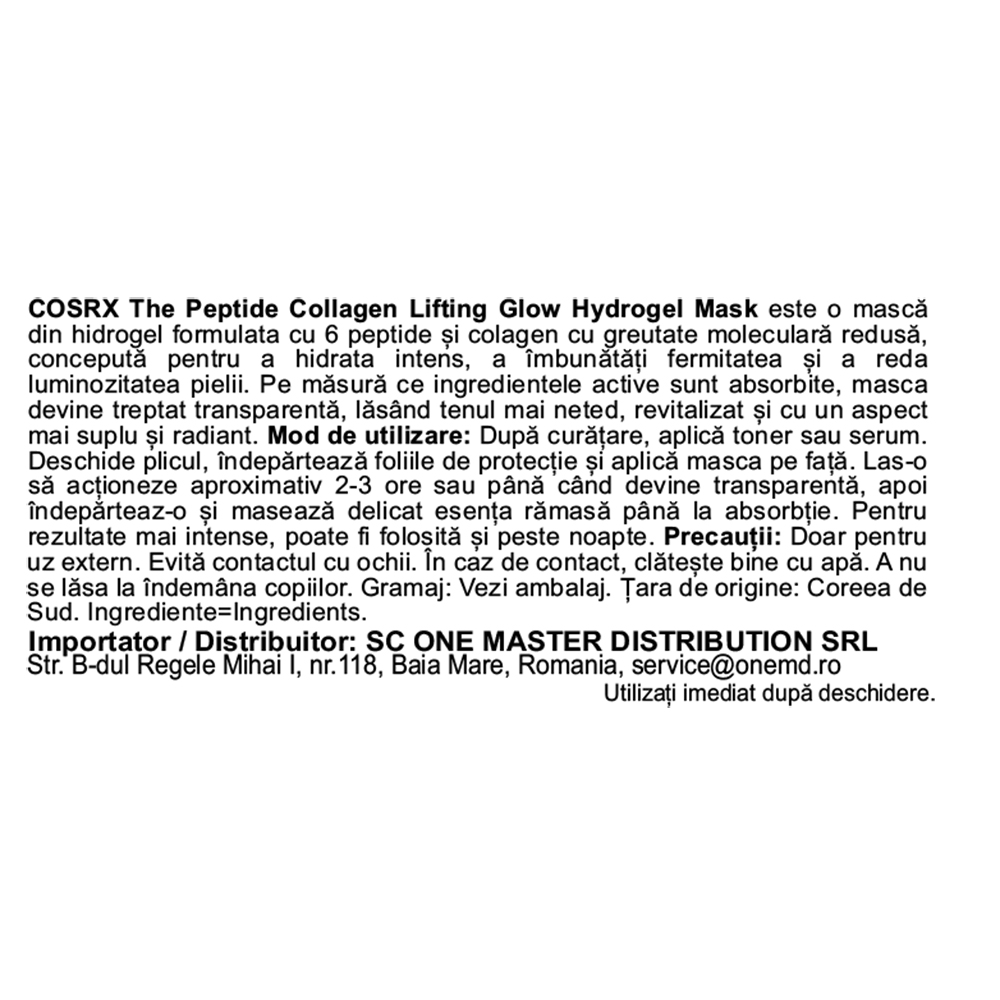 COSRX The Peptide Collagen Lifting Glow Hydrogel Mask, 34 gr - masca de fata formulata cu peptide si colagen, care contribuie la efect de lifting si stralucire pentru tenul lipsit de fermitate sau vitalitate
