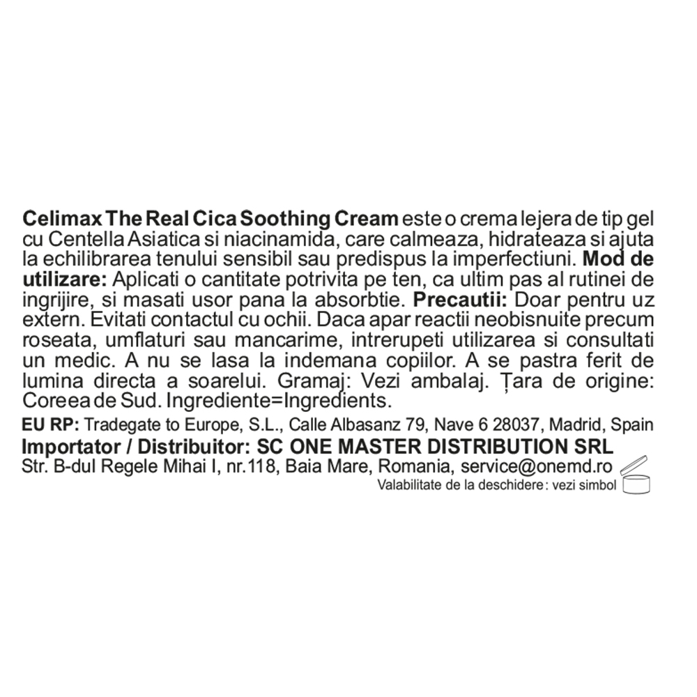 CELIMAX The Real Cica Soothing Cream, 50 ml - crema de fata formulata cu Centella Asiatica si Niacinamida, care contribuie la calmarea pielii sensibile, deshidratate, predispuse la roseata sau imperfectiuni si la metinerea confortului pielii afectate de caldura, iritatii sau dezechilibru