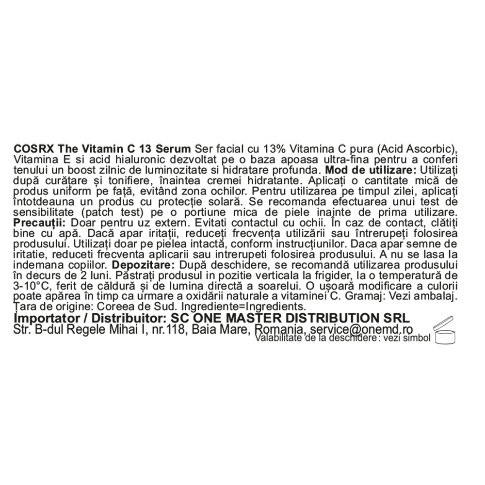 COSRX The Vitamin C 13 Serum, 20 ml - ser de fata formulat cu acid ascorbic si niacinamida, care contribuie la luminozitatea tenului si la mentinerea hidratarii