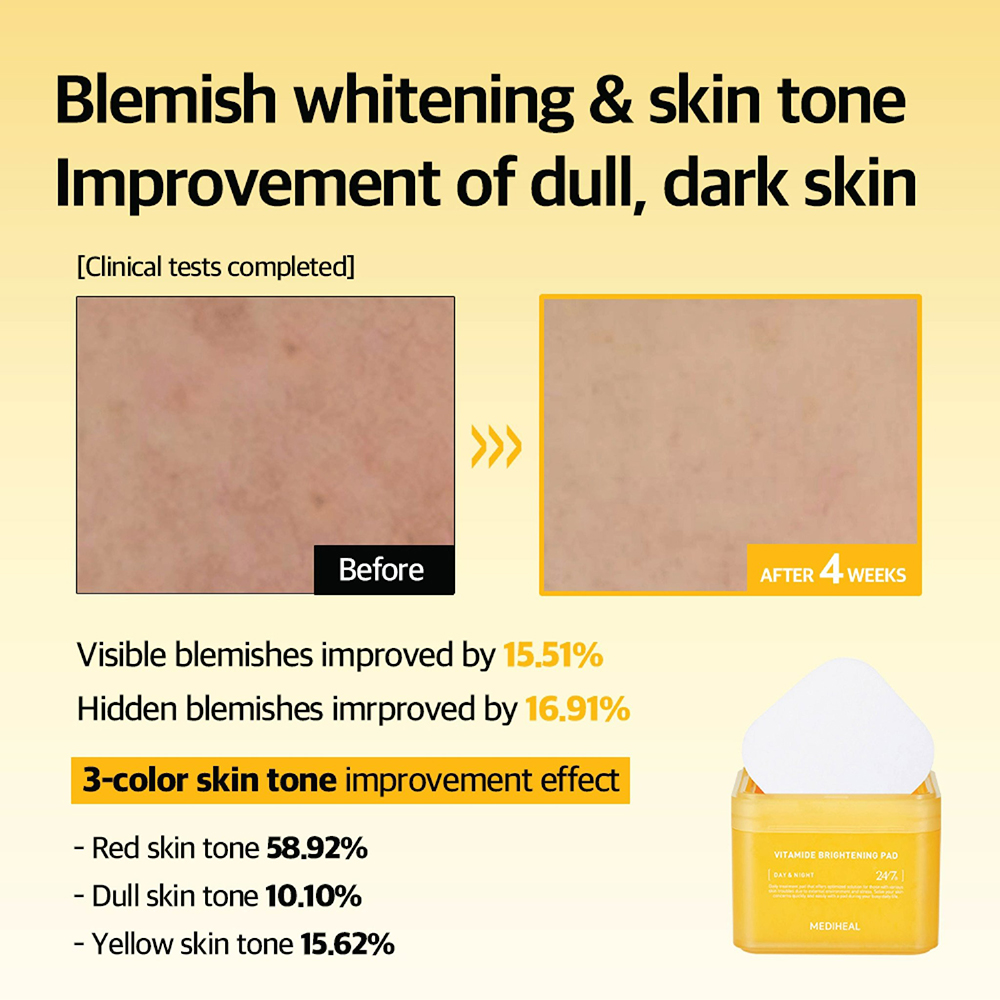 MEDIHEAL Vitamide Brightening Pad - toner de fata formulat cu niacinamida si apa de catina, care contribuie la iluminarea tenului si la uniformizarea aspectului pielii - 100 buc