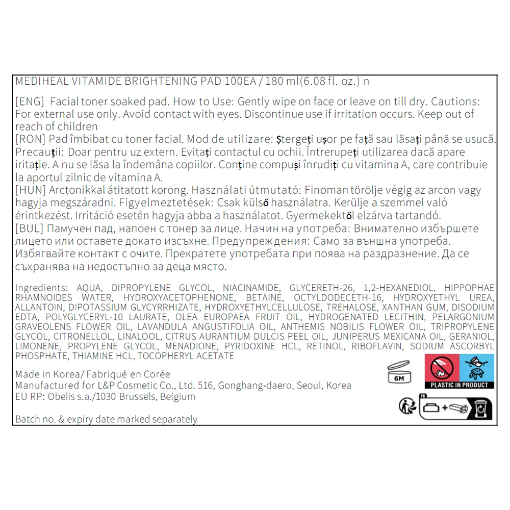 MEDIHEAL Vitamide Brightening Pad - toner de fata formulat cu niacinamida si apa de catina, care contribuie la iluminarea tenului si la uniformizarea aspectului pielii - 100 buc