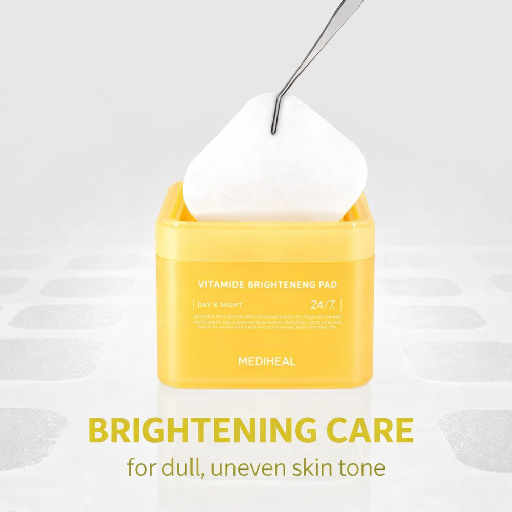 MEDIHEAL Vitamide Brightening Pad - toner de fata formulat cu niacinamida si apa de catina, care contribuie la iluminarea tenului si la uniformizarea aspectului pielii - 100 buc