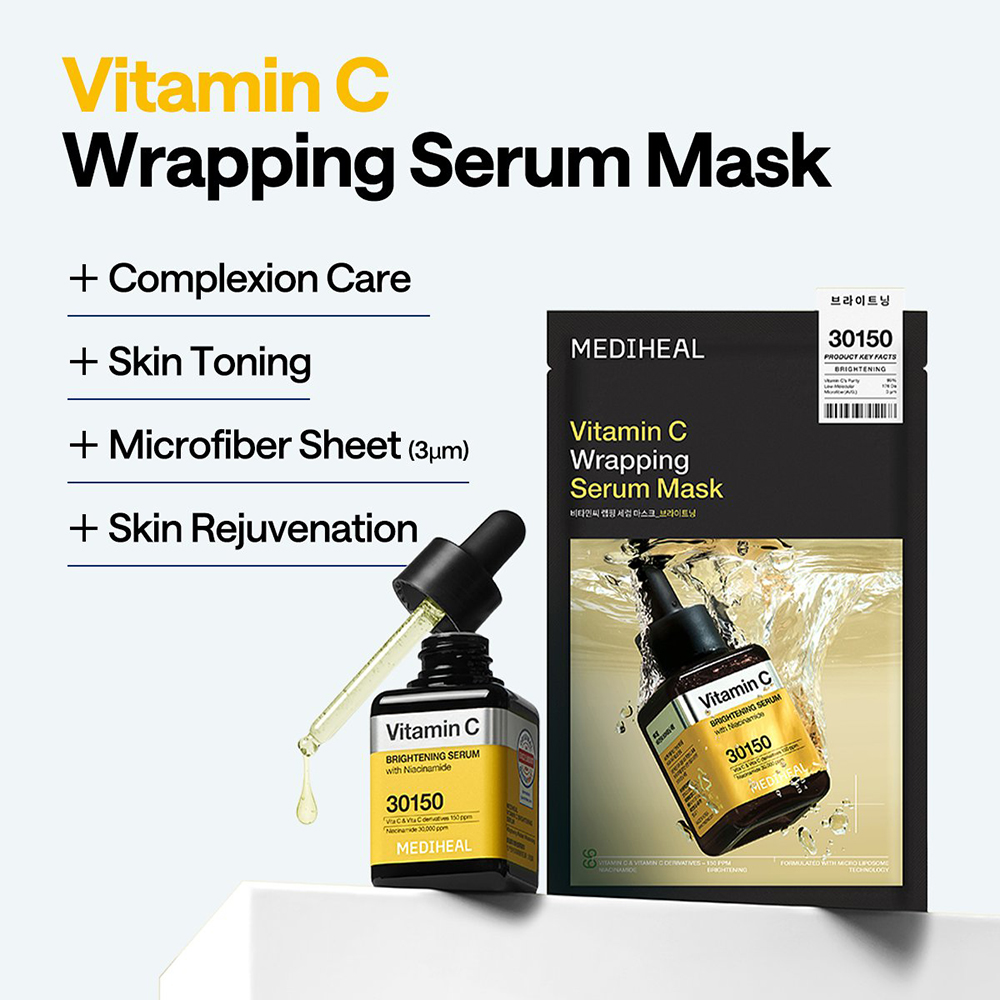 MEDIHEAL Vitamin C Wrapping Serum Mask Brightening 25 ml - Masca de fata formulata cu niacinamida si vitamina C, care contribuie la uniformizarea aspectului tenului si la diminuarea aspectului petelor