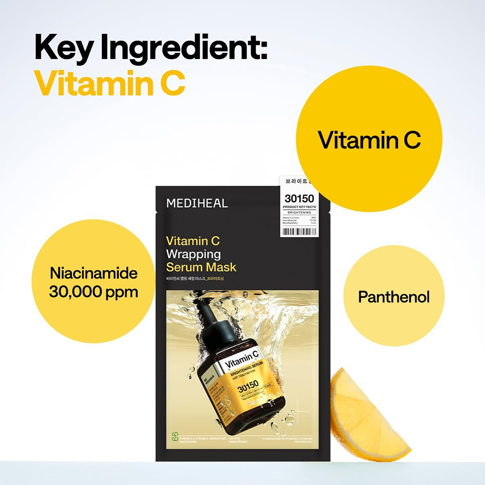 MEDIHEAL Vitamin C Wrapping Serum Mask Brightening 25 ml - Masca de fata formulata cu niacinamida si vitamina C, care contribuie la uniformizarea aspectului tenului si la diminuarea aspectului petelor
