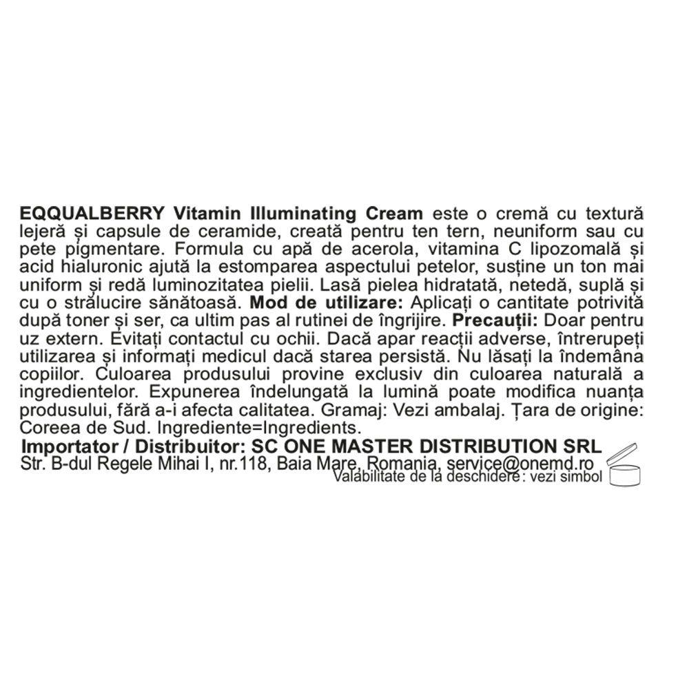 EQQUALBERRY Vitamin Illuminating Cream, 50 ml - Crema de fata formulata cu niacinamida si acid tranexamic, care contribuie la uniformizarea tonului pielii si la diminuarea aspectului petelor pigmentare