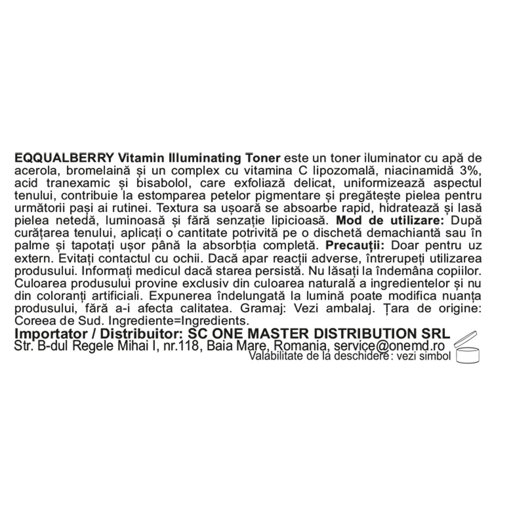 EQQUALBERRY Vitamin Illuminating Toner, 150 ml - Toner de fata formulat cu apa de acerola si bromelaina, care contribuie la exfolierea delicata, uniformizarea aspectului tenului si la mentinerea luminozitatii pielii
