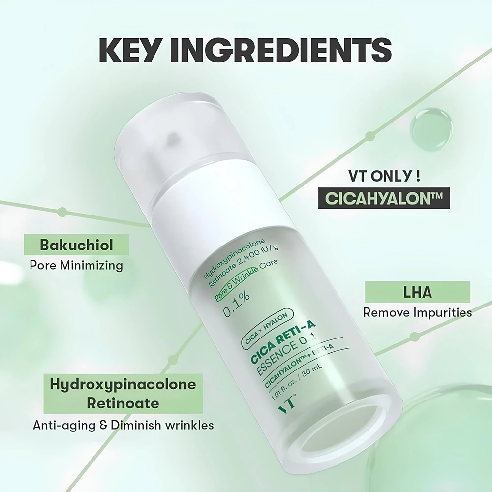VT Cosmetics Cica Reti-A Essence 0.1 – Ser de Față cu Retinol, 30 ml | Fermitate și Regenerare