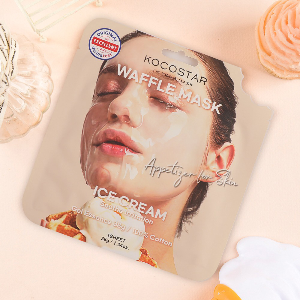 KOCOSTAR Waffle Mask Ice Cream – Mască de Față Gel Essence, 38 gr | Hidratare și Revitalizare cu Răcorire Instantanee