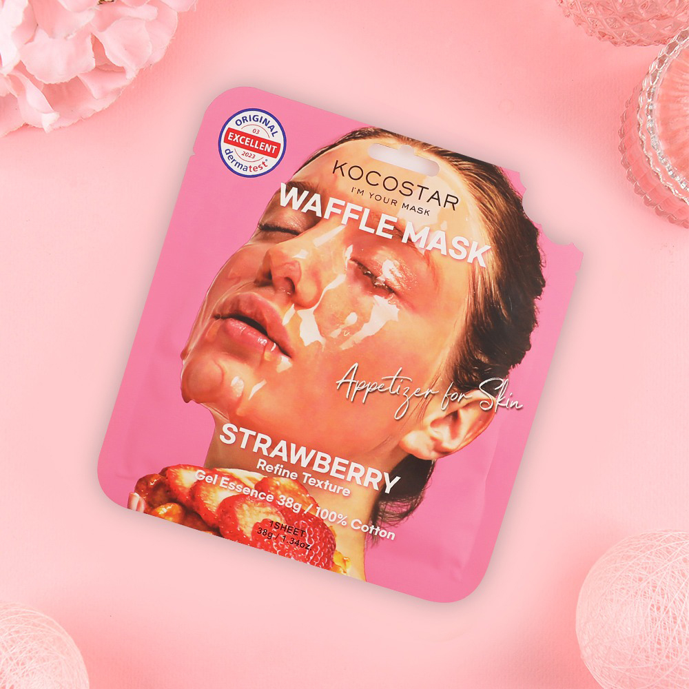 KOCOSTAR Waffle Mask Strawberry – Mască de Față Gel Essence cu Extract de Căpșune, 38 gr | Hidratare și Revitalizare