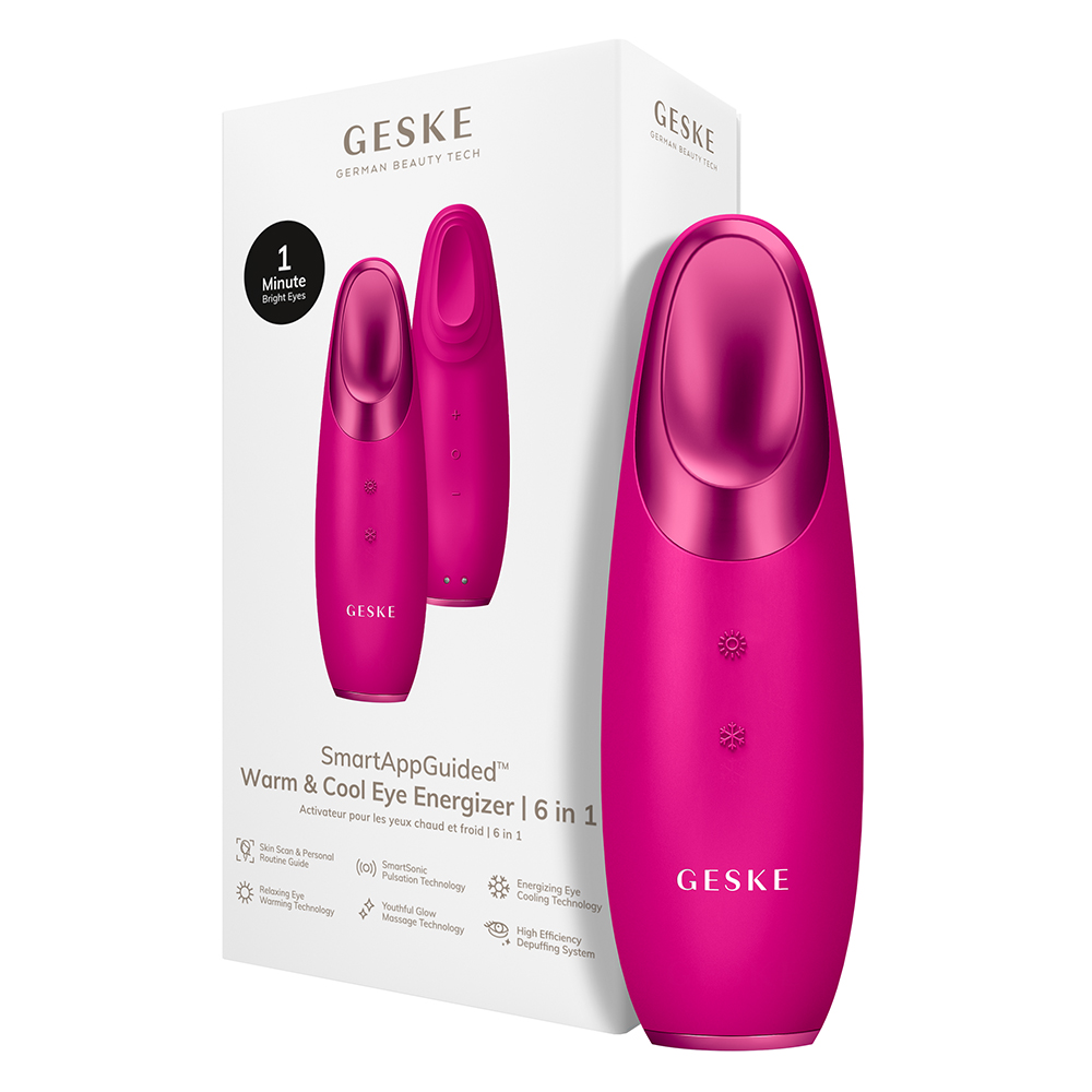 GESKE Warm and cool eye energizer 6 in 1 - Aparat de masaj pentru ochi care contribuie la reducerea cearcanelor si umflaturilor din jurul ochilor, a oboselii, ochilor uscati si ridurilor fine - Magenta