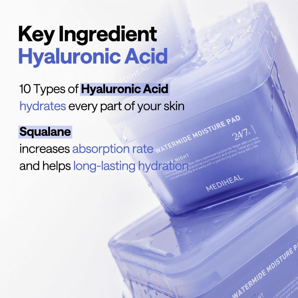 MEDIHEAL Watermide Moisture Pad - toner de fata dischete formulat cu acid hialuronic si squalane, care contribuie la hidratarea pielii si la revigorarea tenului cu aspect obosit- 100 buc