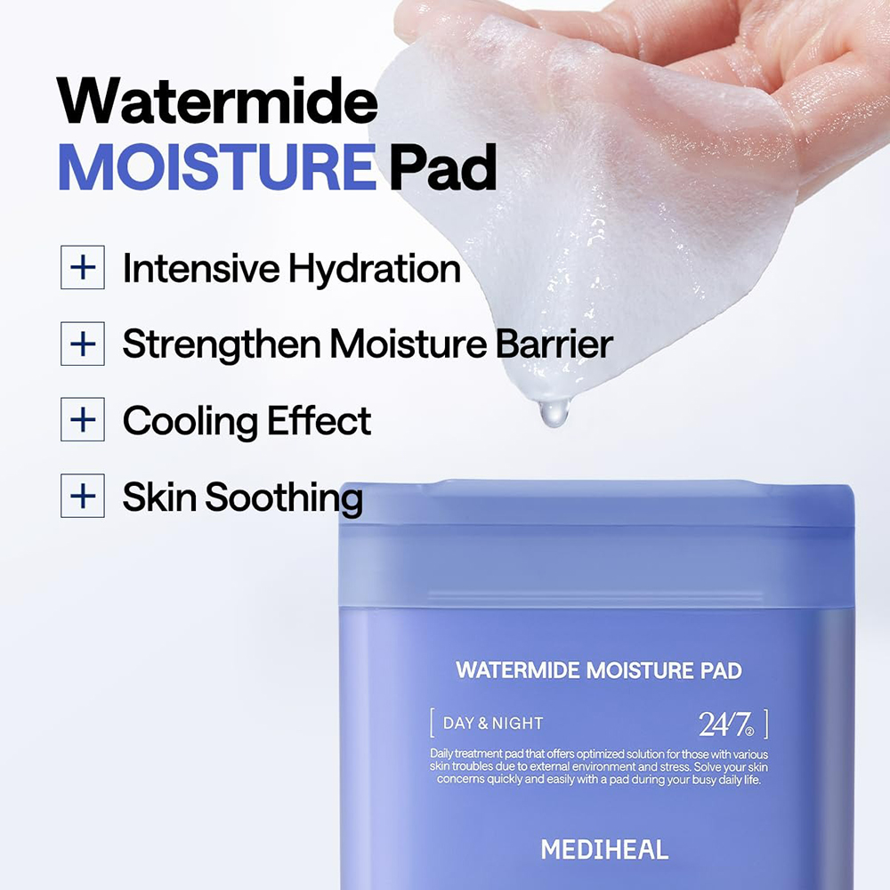 MEDIHEAL Watermide Moisture Pad - toner de fata formulat cu acid hialuronic si squalane, care contribuie la hidratarea pielii si la reducerea aspectului pielii umflate - 100 buc