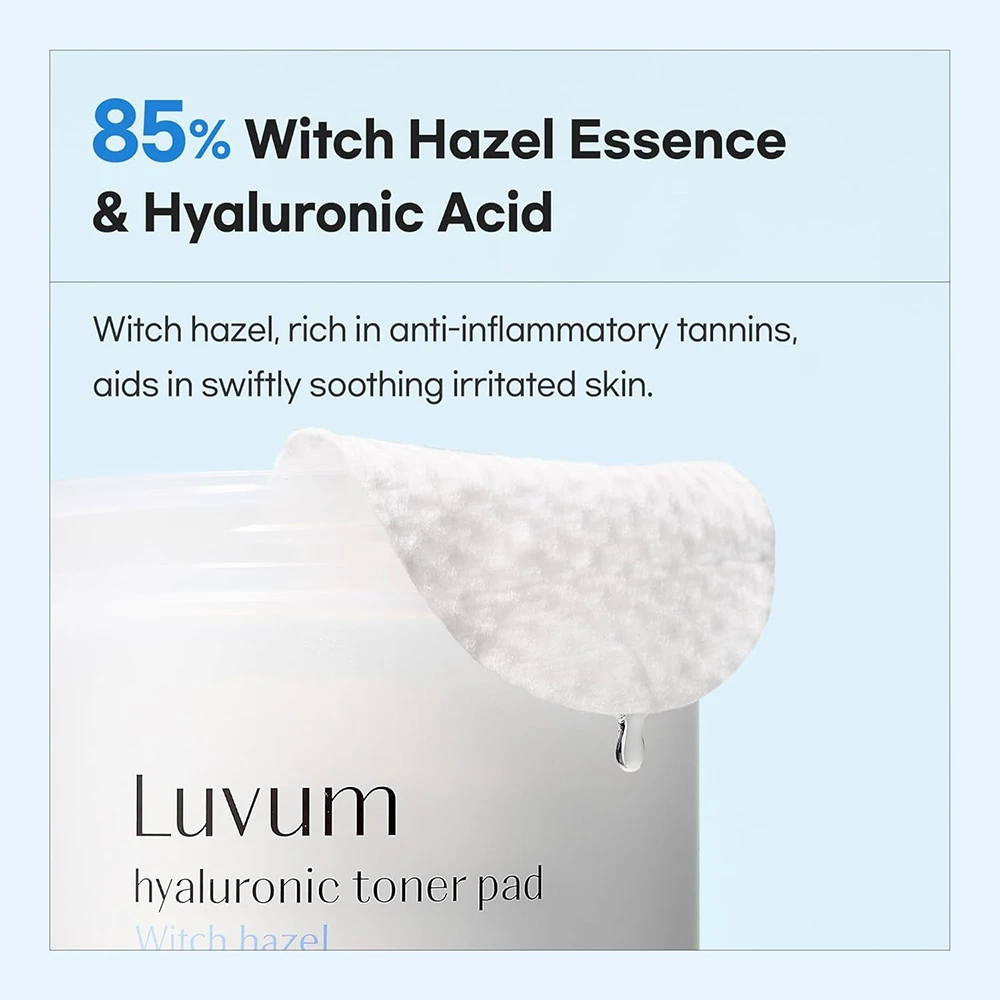 LUVUM Hyaluronic Witch Hazel Toner Pad - Dischete Tonice pentru Hidratare si Calmare, 60 buc