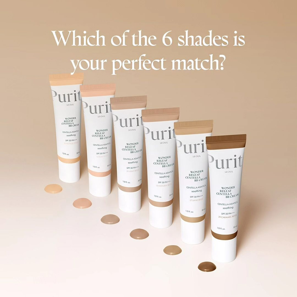 PURITO Wonder Releaf Centella BB Cream Natural Fit, 29 Caramel Beige, 30 ml - crema coloranta de fata formulata cu Centella Asiatica si Niacinamida, care contribuie la uniformizarea si la metinerea confortului tenului intreaga zi