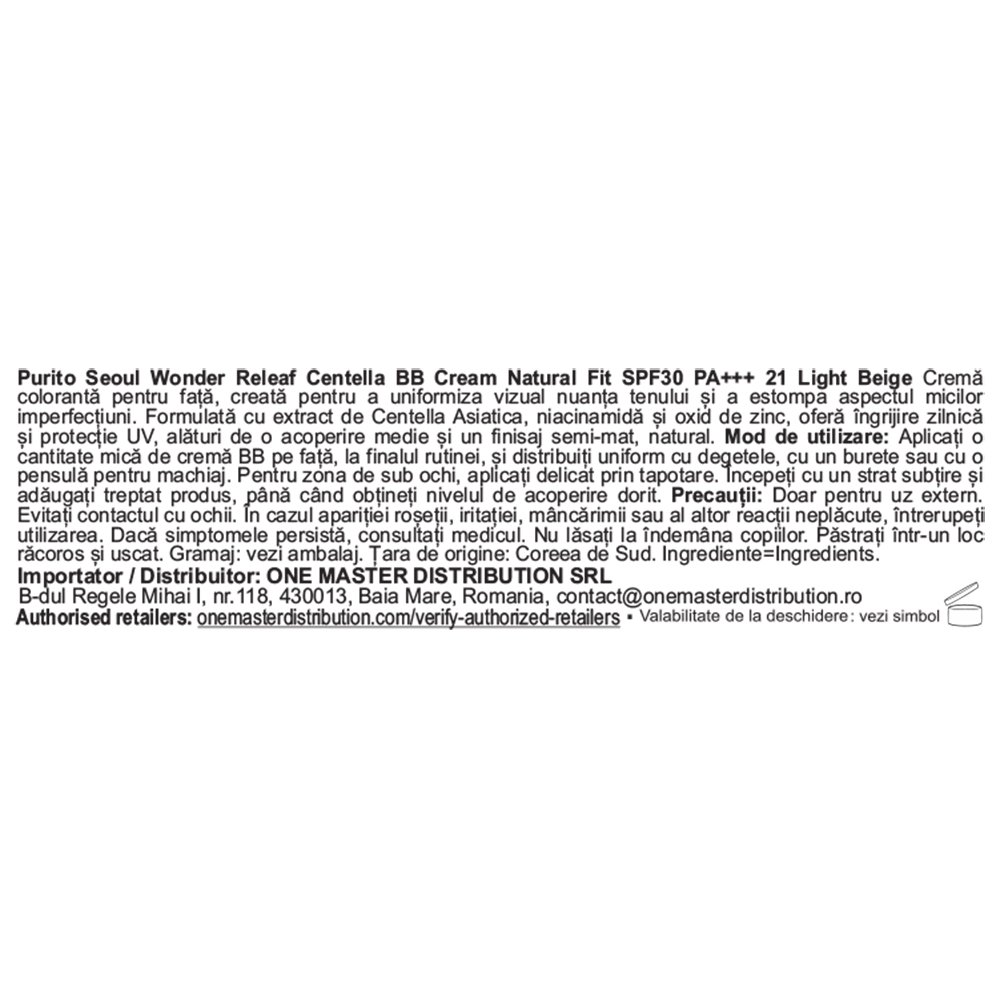 PURITO Wonder Releaf Centella BB Cream Natural Fit 21 Light Beige SPF 30 PA++++, 21 Light Beige, 30 ml — Crema coloranta de fata formulata cu niacinamida si extract de Centella Asiatica, care contribuie la uniformizarea aspectului tenului si la mentinerea unui aspect neted