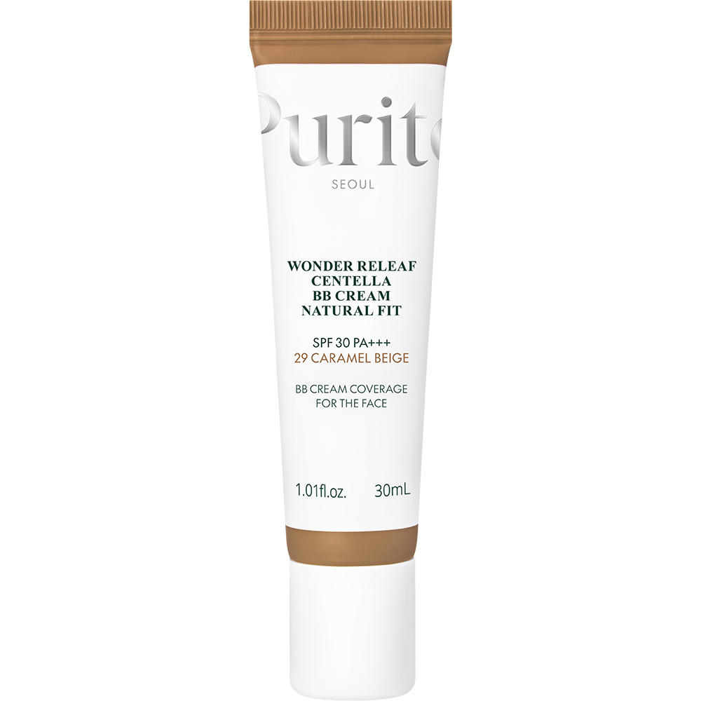 PURITO Wonder Releaf Centella BB Cream Natural Fit, 29 Caramel Beige, 30 ml - Crema coloranta de fata formulata cu niacinamida si extract de Centella Asiatica, care contribuie la estomparea vizuala a rosetii si a imperfectiunilor si la mentinerea unui aspect uniform al tenului, SPF30 PA+++