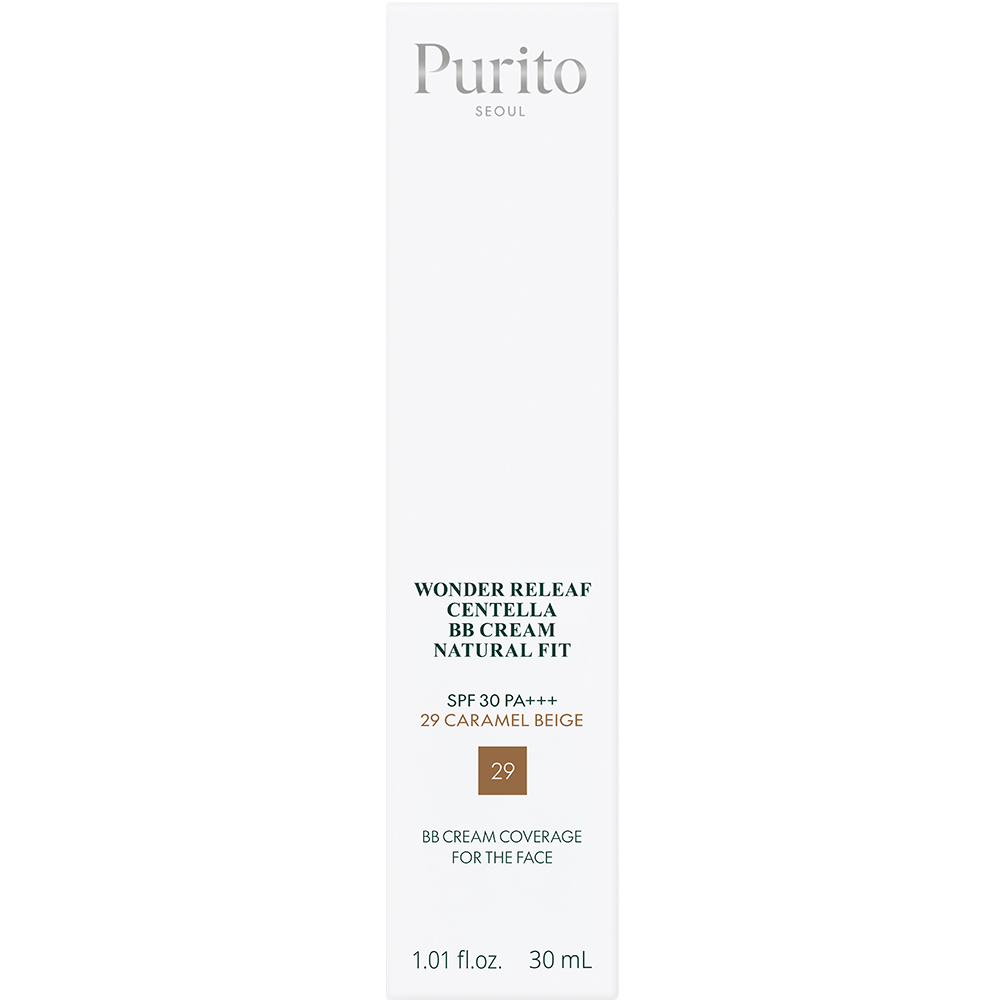PURITO Wonder Releaf Centella BB Cream Natural Fit, 29 Caramel Beige, 30 ml - Crema coloranta de fata formulata cu niacinamida si extract de Centella Asiatica, care contribuie la estomparea vizuala a rosetii si a imperfectiunilor si la mentinerea unui aspect uniform al tenului, SPF30 PA+++
