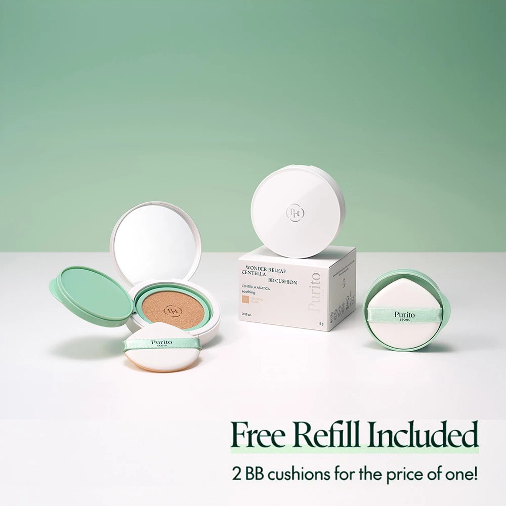 Purito Wonder Releaf Centella BB Cushion SPF30 PA+++ 21 Light Beige – Cremă Colorantă Compactă cu Centella Asiatică, 2 x 15g (Cushion + Refill)