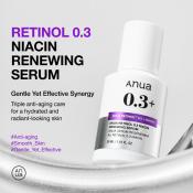 ANUA Retinol 0.3% + Niacin Renewing, 30 ml - ser de fata formulat cu retinol 0.3% si niacinamida 5%, care contribuie la imbunatatirea texturii si tonusului pielii si la uniformizarea tonului pielii si la reducerea hiperpigmentarii
